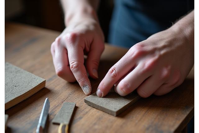 Handen van een restaurateur die zorgvuldig oud, historisch houtwerk herstellen met traditionele gereedschappen