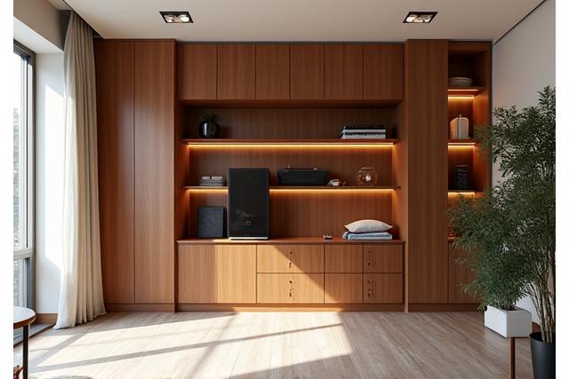 Elegant ingebouwd houten wandmeubel met geïntegreerde verlichting in een modern interieur