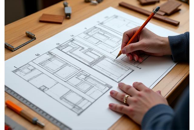 Gedetailleerde weergave van een ontwerpproces voor maatwerk meubilair, met schetsen en houtmonsters