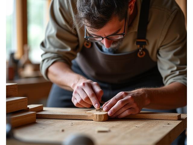 Een vakman aan het werk in de houtbewerkingswerkplaats, gefocust op een project
