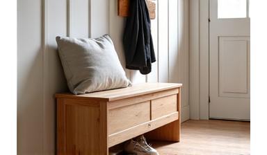 Compact houten bankje voor in de hal met opbergruimte