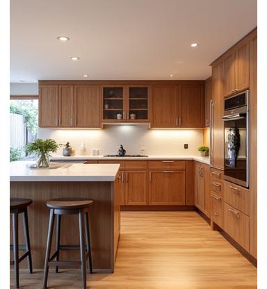 Custom gemaakte houten keuken met geïntegreerde eetbar