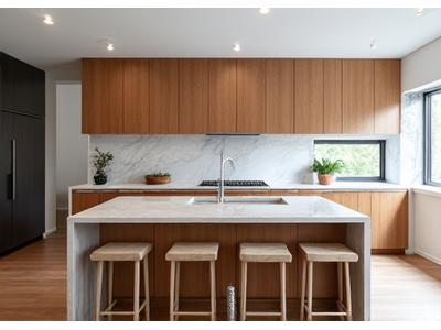 Op maat gemaakte keuken met eikenhouten kasten en een kookeiland